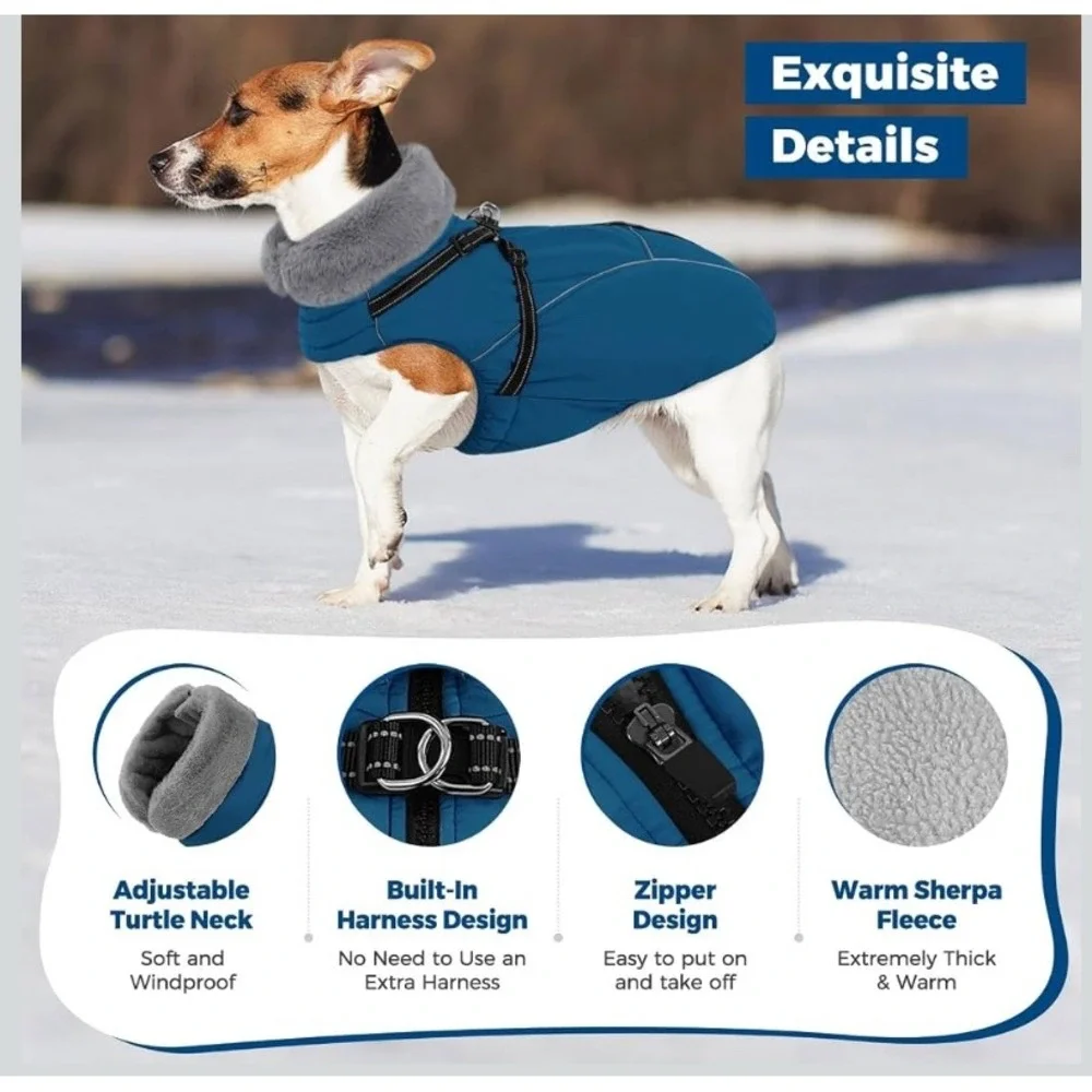 Queenmore Large Fleece Dog Coat Winter Harness 2 In 1 Teal Fleece Lined Puffer